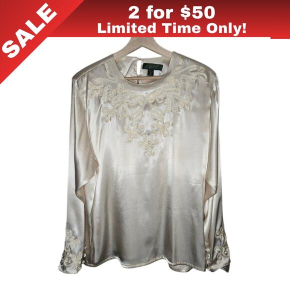 [Sale: 2 for $50!] Robinson's Ivory Silk Satin Embroidered Blouse Size 16 0323 - Picture 1 of 9